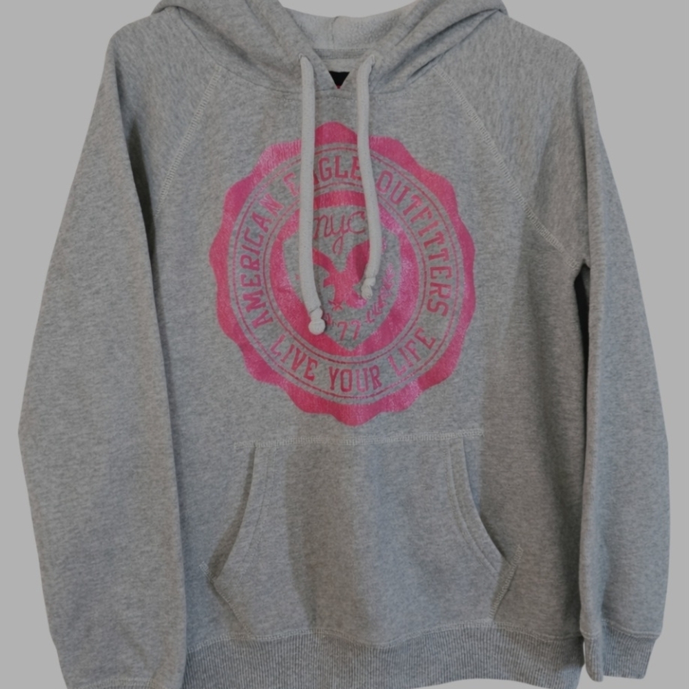 American Eagle Outfitters Gray Hoodie with Pink Logo